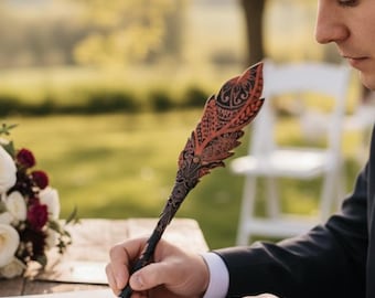 Penna da sposo fantasy in rame, penna a inchiostro con piuma in pelle, penna d'oca steampunk, penna da sposa bordeaux, penna a sfera nera personalizzata