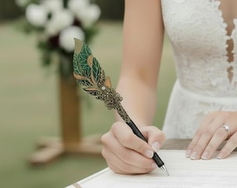 Penna magica per matrimonio, penna regalo per il libro degli ospiti, penna fantasy personalizzata con nome, penna con piuma scintillante color oro smeraldo, penna rustica per matrimonio e sposa
