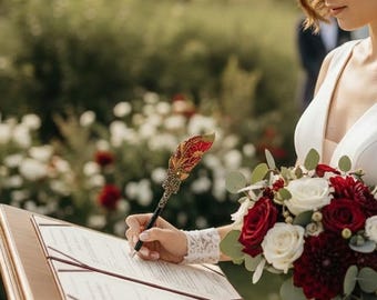Burgundy wedding pen for bride, Handmade ballpoint pen, Unique leather feather pen, Bridal pen, Custom guestbook pen