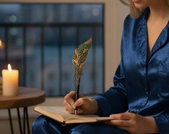 Emerald gold magical book pen Christmas pen women gift Handmade grimoire pen gift Feather ballpoint pen Fantasy journal calligraphy pen