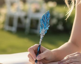 Wedding ceremony pen, Guestbook pen, Blue feather unique pen, Ballpoint handcrafted pen, Leather planner pen, Bridal fantasy pen, Women gift