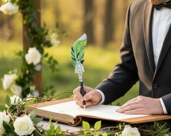 Rustic wedding pen for groom, Green silver feather pen, Wedding decor gift, Guestbook pen, Fantasy bridal pen, Sparkle leather journal pen