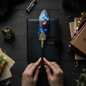 May include: A quill pen featuring a vibrant galaxy-patterned feather and an ornate gold-toned metal handle with intricate filigree detailing. The pen is positioned vertically over a black notebook, showcasing a dark, celestial-themed design.