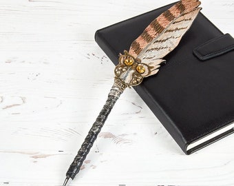Bolígrafo de pluma de búho, bolígrafo para hija amante de los búhos, bolígrafo personalizado, pluma estilográfica Grimoire, bolígrafo de bruja gótica, bolígrafo de tinta de escritorio para mujer