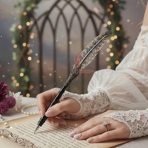Unique feather pen bride, Fantasy wedding ceremony pen for groom, Guest book pen decor gift, Handmade leather ballpoint pen, Artisan pen