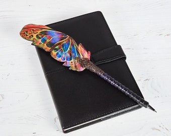 Fantasy Butterfly wing pen, Colorful feather pen, Ballpoint embellished pen, Birthday girlfriend designer gift, Bright notebook pen for her