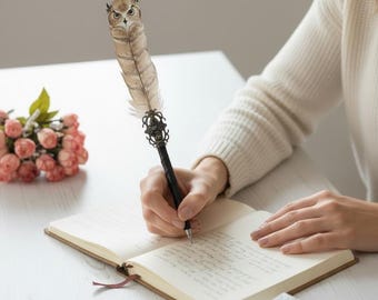 Owl pen gift for witch Mystic dip ink owl quill Calligraphy feather stylo plume Custom fountain pen Wizard ballpoint pen Christmas gift
