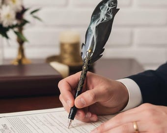 Gothic wedding ceremony pen for guests, Black feather pen, Personalized ballpoint pen, Custom guestbook pen, Steampunk pen Birthday men gift