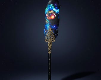 Fantasy ballpoint pen, Navy blue feather pen, Galaxy pen, Graduation girl gift, Mystery leather journal pen Christmas women gift
