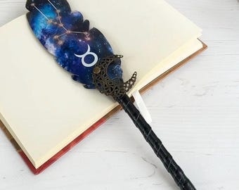 Custom Fountain Taurus pen Zodiac gift Leather Feather Calligraphy pen Astrology Quill pen Mystery Fantasy pen Birthday Taurus women gift