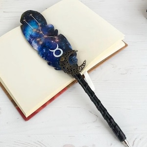 Caneta esferográfica Taurus Caneta feminina personalizada, Caneta tinteiro fantasia, Caneta de pena azul brilhante, Caneta misteriosa brilhante, Presente de aniversário para mulheres Taurus