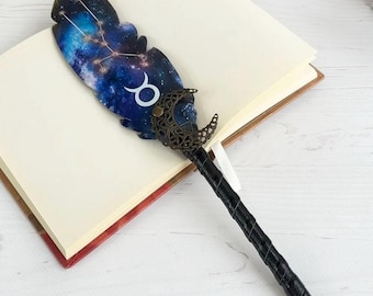 Bolígrafo Tauro, bolígrafo personalizado para mujer, pluma estilográfica de fantasía, pluma estilográfica azul brillante con forma de pluma, pluma estilográfica con caligrafía brillante, regalo de cumpleaños para mujer Tauro