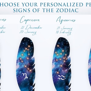 May include: Four stylized feather designs with zodiac constellations and dates. The text "CHOOSE YOUR PERSONALIZED PEN SIGNS OF THE ZODIAC" is at the top. Each feather has a different constellation and zodiac sign.