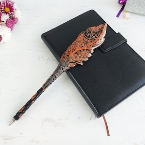 Gothic fantasy pen, Feather Steampunk wedding pen, 30th birthday wife gift, Grimoire Witch journal, Custom fountain pen, Wizard copper pen image 7