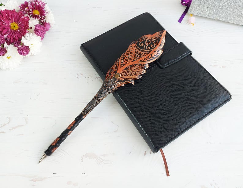Gothic fantasy pen, Feather Steampunk wedding pen, 30th birthday wife gift, Grimoire Witch journal, Custom fountain pen, Wizard copper pen image 7