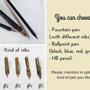 Puede incluir: Una variedad de instrumentos de escritura, incluyendo plumas estilogr&aacute;ficas, bol&iacute;grafos y un l&aacute;piz HB. La imagen tambi&eacute;n muestra varios estilos de plumillas etiquetados del #1 al #5. El texto dice "You can choose" y enumera opciones de bol&iacute;grafos.