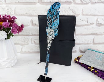 Custom fountain wedding  pen, Сalligraphy fantasy quill, Leather journal pen women gift, Personalized teacher gift, Feather guestbook pen