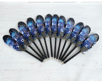 Celestial journal pen Zodiac sign pen gift Virgo Libra Scorpio Astrology Sign ballpoint pens Custom feather pen Personalized Birthday gift