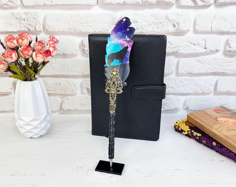 Gothic fountain pen, Witch supplies, Wolf lover pen gift, Christmas girl gift, Custom decorative pen with name, Fantasy feather quill image 3