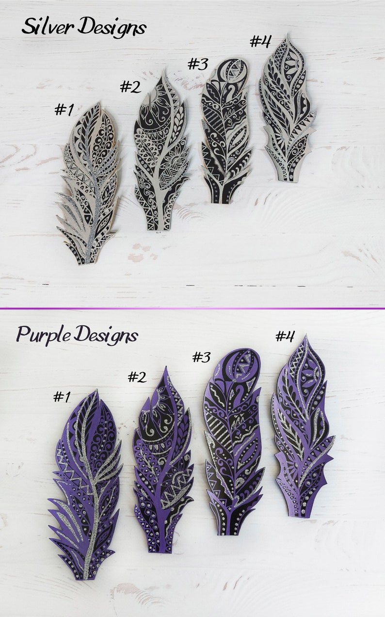 May include: Four silver and four purple decorative feathers with intricate black designs. The feathers are numbered 1 through 4 in both silver and purple.