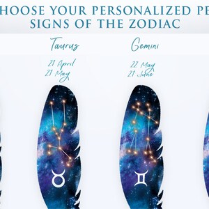 May include: Image features four stylized feather designs, each representing a zodiac sign: Aries, Taurus, Gemini, and Cancer. Each feather has a cosmic background with constellations and dates. Text at the top reads "CHOOSE YOUR PERSONALIZED PEN SIGNS OF THE ZODIAC."