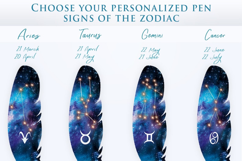May include: Image features four stylized feather designs, each representing a zodiac sign: Aries, Taurus, Gemini, and Cancer. Each feather has a cosmic background with constellations and dates. Text at the top reads "CHOOSE YOUR PERSONALIZED PEN SIGNS OF THE ZODIAC."
