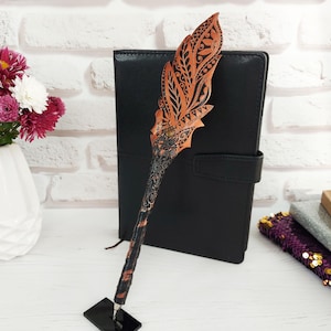 Gothic fantasy pen, Feather Steampunk wedding pen, 30th birthday wife gift, Grimoire Witch journal, Custom fountain pen, Wizard copper pen image 5