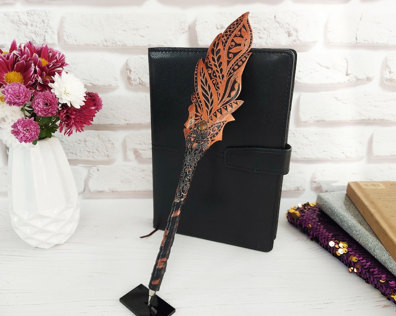 Gothic fantasy pen, Feather Steampunk wedding pen, 30th birthday wife gift, Grimoire Witch journal, Custom fountain pen, Wizard copper pen image 5