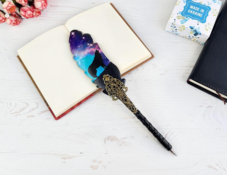 Gothic fountain pen, Witch supplies, Wolf lover pen gift, Christmas girl gift, Custom decorative pen with name, Fantasy feather quill image 4