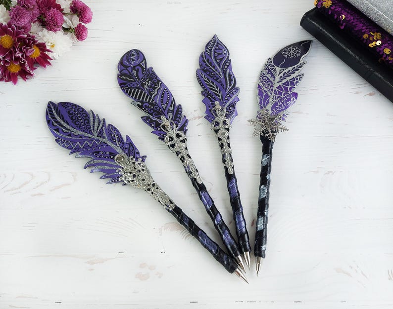 Gothic fantasy pen, Feather Steampunk wedding pen, 30th birthday wife gift, Grimoire Witch journal, Custom fountain pen, Wizard copper pen image 18