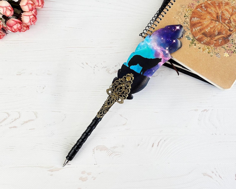 Gothic fountain pen, Witch supplies, Wolf lover pen gift, Christmas girl gift, Custom decorative pen with name, Fantasy feather quill image 1