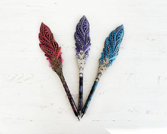 Leather feather fantasy pen Magic wedding grimoire pen witch Fantasy journal pen Custom ballpoint pen Personalized fountain calligraphy pen
