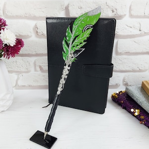 Unieke balpen, Moederdag cadeau moeder, Groenzilveren fantasiepen, Custom penschrijver, Verfraaid custom ganzenveer, Sparkle gepersonaliseerde pen