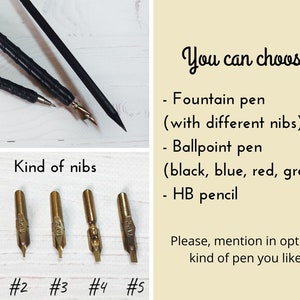 Puede incluir: Una variedad de instrumentos de escritura, incluyendo plumas estilogr&aacute;ficas, bol&iacute;grafos y un l&aacute;piz HB. La imagen tambi&eacute;n muestra varios estilos de plumillas, numerados del #1 al #5. El texto dice "You can choose" y enumera opciones de bol&iacute;grafos.