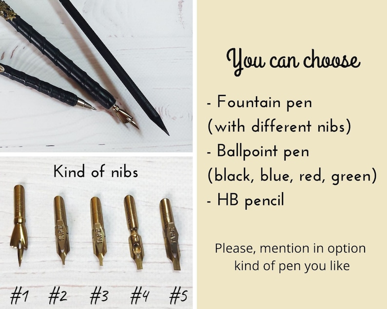 Puede incluir: Una variedad de instrumentos de escritura, incluyendo plumas estilogr&aacute;ficas, bol&iacute;grafos y un l&aacute;piz HB. La imagen tambi&eacute;n muestra varios estilos de plumillas, numerados del #1 al #5. El texto dice "You can choose" y enumera opciones de bol&iacute;grafos.