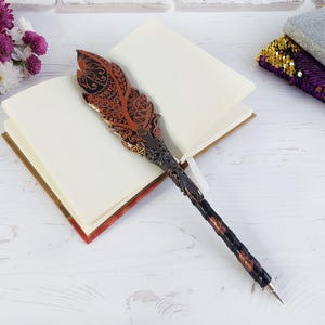 Gothic fantasy pen, Feather Steampunk wedding pen, 30th birthday wife gift, Grimoire Witch journal, Custom fountain pen, Wizard copper pen image 6