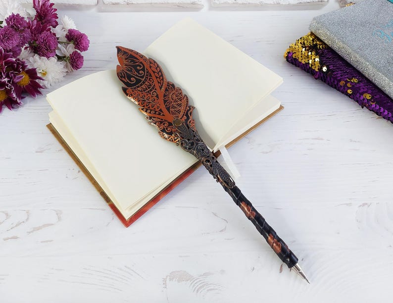 Gothic fantasy pen, Feather Steampunk wedding pen, 30th birthday wife gift, Grimoire Witch journal, Custom fountain pen, Wizard copper pen image 6
