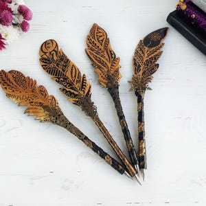 Gothic fantasy pen, Feather Steampunk wedding pen, 30th birthday wife gift, Grimoire Witch journal, Custom fountain pen, Wizard copper pen image 17