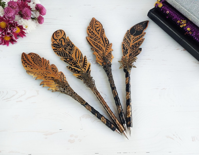 Gothic fantasy pen, Feather Steampunk wedding pen, 30th birthday wife gift, Grimoire Witch journal, Custom fountain pen, Wizard copper pen image 17