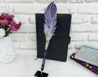 Custom fountain pen Mother's Day wife gift Fantasy Wedding guest book pen Purple feather pen writing Leather journal pen Sparkle stylo plume