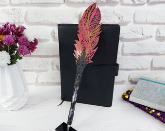 Handmade ballpoint pen, Unique writing pen, Sparkle pink feather pen, Desk decorative pen, Embellished mystic journal pen gift for sister