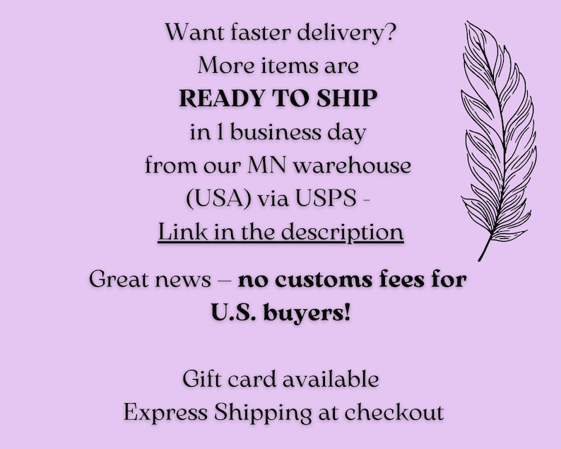 May include: A light purple background with black text and a black feather illustration. The text includes "READY TO SHIP" and "U.S. buyers!"