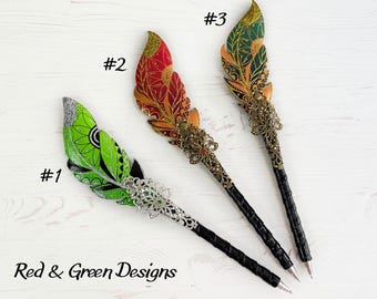 Pluma estilográfica artesanal, pluma de pluma brillante, pluma para libro de firmas de boda, pluma estilográfica de tinta, pluma para libro de fantasía, pluma mágica de cuero, pluma estilográfica de grimorio