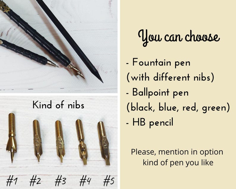 May include: An assortment of writing instruments, including fountain pens, ballpoint pens, and an HB pencil. The image also displays various nib styles labeled #1 through #5. Text on the right side says "You can choose" and lists pen options.