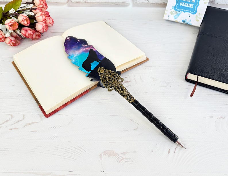 Gothic fountain pen, Witch supplies, Wolf lover pen gift, Christmas girl gift, Custom decorative pen with name, Fantasy feather quill image 5