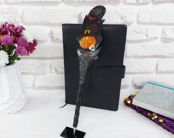 Pumpkin pen, Spooky gift friend, Black feather ballpoint pen, Halloween gift girl, Fantasy witch supplies, Wizard pen, Birthday artisan gift