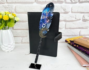 Zodiac sign Taurus gift, Personalized Fountain pen, Astrology ballpoint pen, Blue Fantasy pen, Bling feather pen, Birthday Taurus women gift