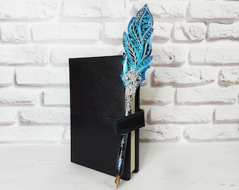 Kalligrafipenna för författare, present till skrivande författare, läderjournal, fjäderpenna, blå fjäderpenna, samlarpenna för kvinnor, häxbokpenna