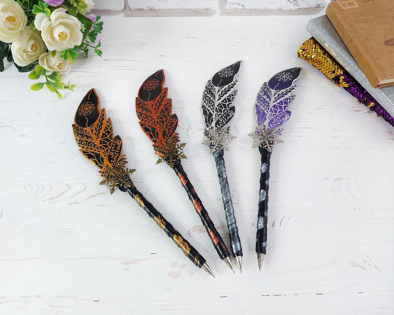 Gothic fantasy pen, Feather Steampunk wedding pen, 30th birthday wife gift, Grimoire Witch journal, Custom fountain pen, Wizard copper pen image 19