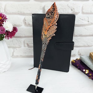 Gothic fantasy pen, Feather Steampunk wedding pen, 30th birthday wife gift, Grimoire Witch journal, Custom fountain pen, Wizard copper pen image 3